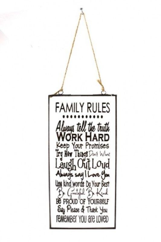 Glass-skilt Family Rules 15x30cm