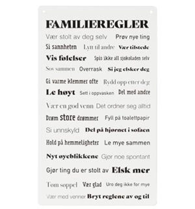 Metallskilt Familieregler 16x27 cm