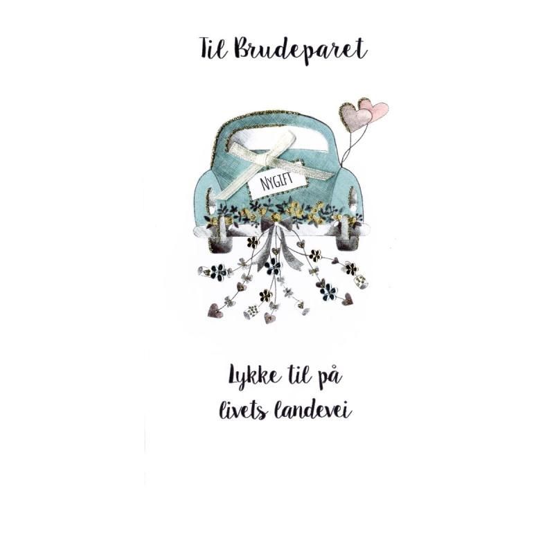 Kort bryllup håndlaget Bil/nygift 15x15 cm