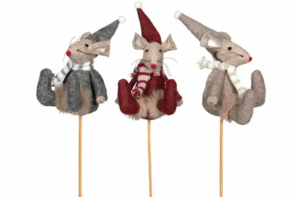 Julemus sittende Beige på stikk H 9 cm