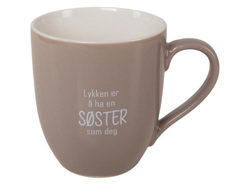 Krus Lykken...søster beige m/hvit tekst D:8cm H:9cm 