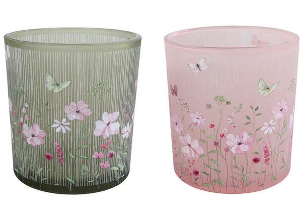 Telysglass Rosa med blomster 7,5x8 cm